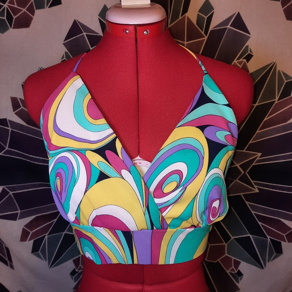 One By One Retro Vibrant Halter Crop Top Tie back
